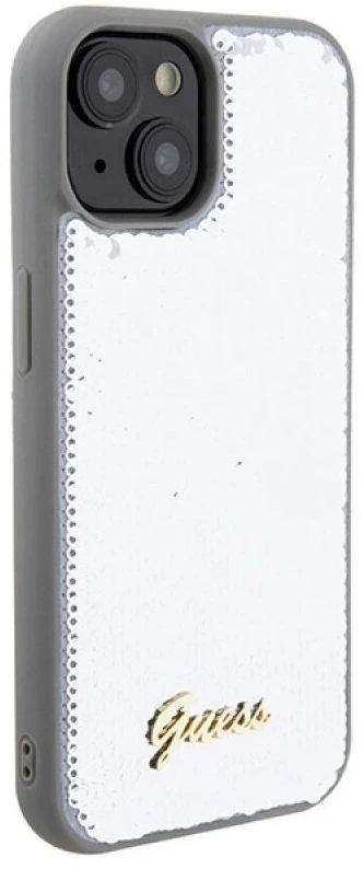 Guess GUHCP15SPSFDGSS Apple iPhone 15 / 14 / 13 6.1″ sidabrinis kietas dėklas Sequin Script Metal