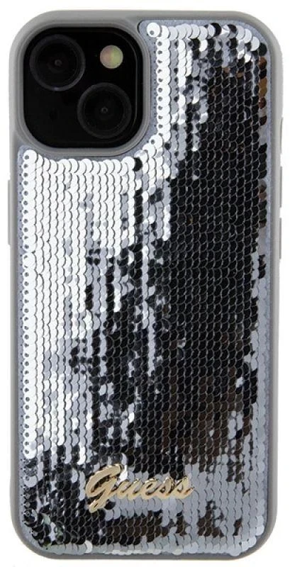 Guess GUHCP15SPSFDGSS Apple iPhone 15 / 14 / 13 6.1″ sidabrinis kietas dėklas Sequin Script Metal