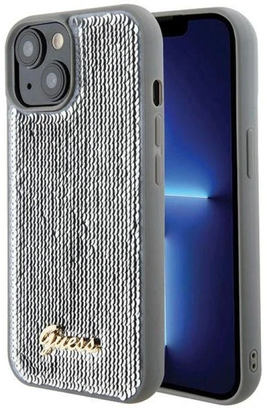 Guess GUHCP15SPSFDGSS Apple iPhone 15 / 14 / 13 6.1″ sidabrinis kietas dėklas Sequin Script Metal