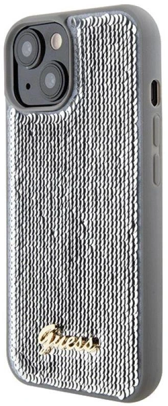 Guess GUHCP15SPSFDGSS Apple iPhone 15 / 14 / 13 6.1″ sidabrinis kietas dėklas Sequin Script Metal