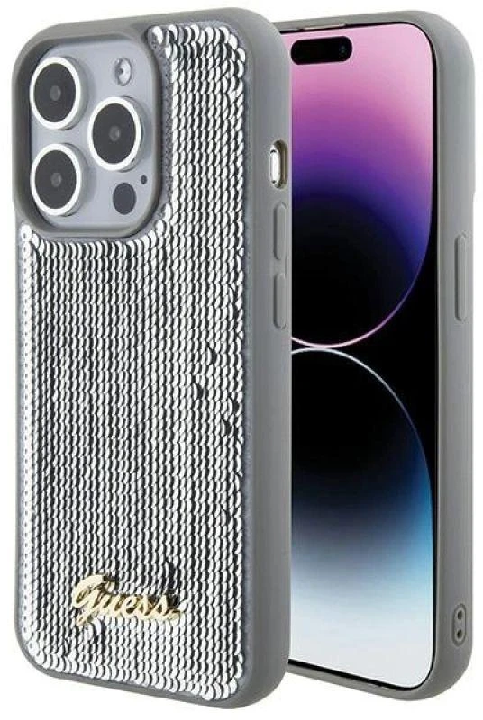 Apple iPhone 15 Pro Max Guess dėklas Sequin Script Metal (GUHCP15XPSFDGSS) sidabrinės spalvos