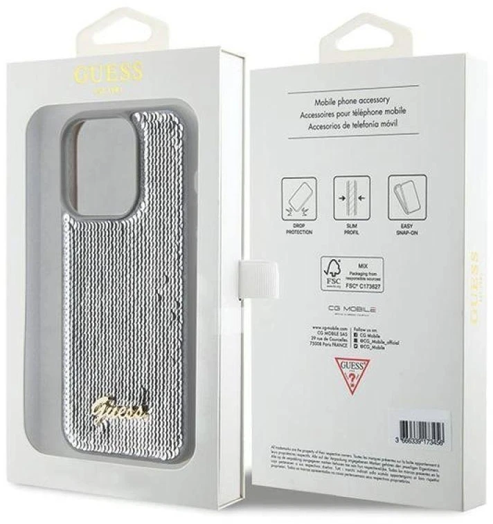 Apple iPhone 15 Pro Max Guess dėklas Sequin Script Metal (GUHCP15XPSFDGSS) sidabrinės spalvos