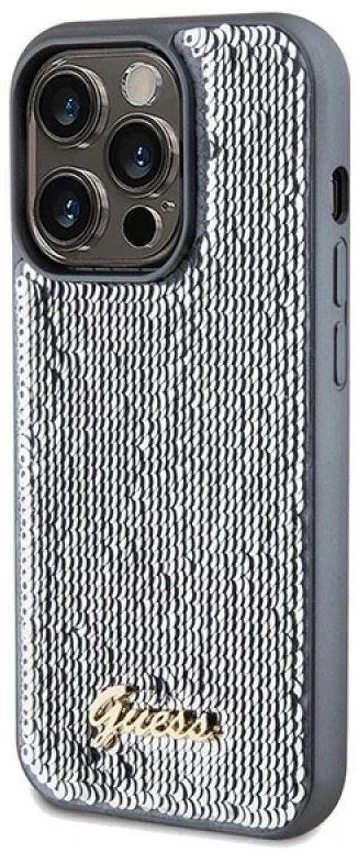 Guess GUHCP14XPSFDGSS Apple iPhone 14 Pro Max 6.7″ sidabrinis kietas dėklas Sequin Script Metal
