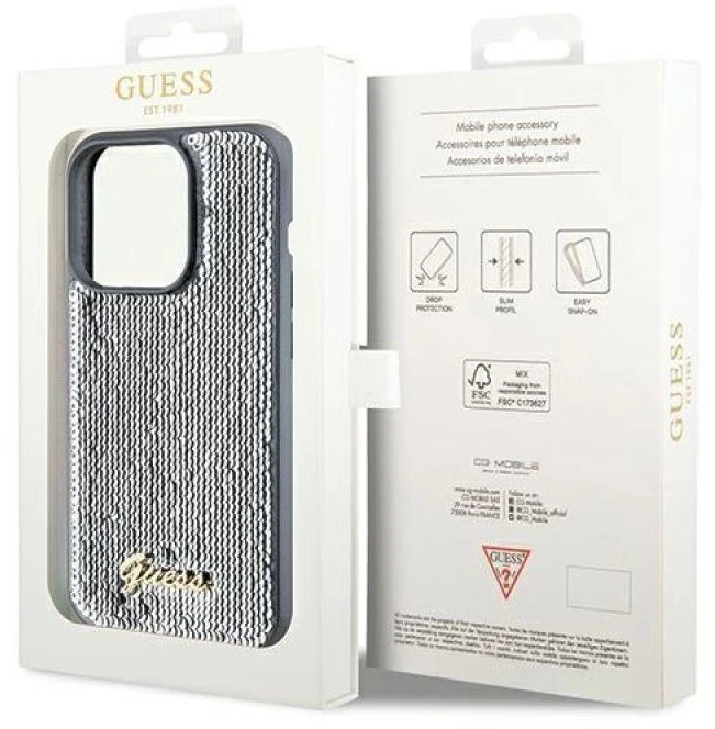 Guess GUHCP14XPSFDGSS Apple iPhone 14 Pro Max 6.7″ sidabrinis kietas dėklas Sequin Script Metal