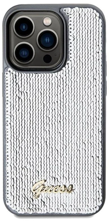 Guess GUHCP14XPSFDGSS Apple iPhone 14 Pro Max 6.7″ sidabrinis kietas dėklas Sequin Script Metal