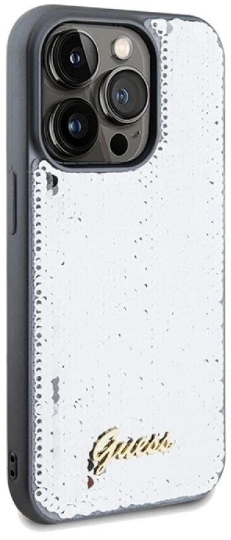 Guess GUHCP14XPSFDGSS Apple iPhone 14 Pro Max 6.7″ sidabrinis kietas dėklas Sequin Script Metal