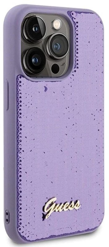 Guess GUHCP15LPSFDGSU iPhone 15 Pro 6.1″violetinės spalvos kietas dėklas Sequin Script Metal