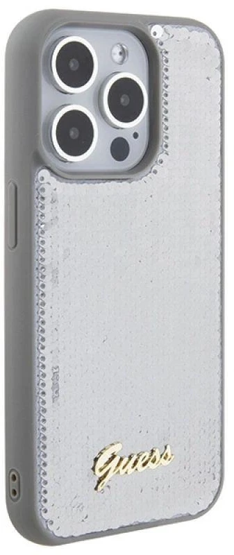 Guess GUHCP15LPSFDGSS Apple iPhone 15 Pro 6.1″ sidabrinis kietas dėklas Sequin Script Metal