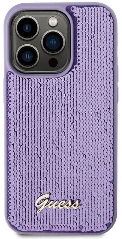 Guess GUHCP15LPSFDGSU iPhone 15 Pro 6.1″violetinės spalvos kietas dėklas Sequin Script Metal