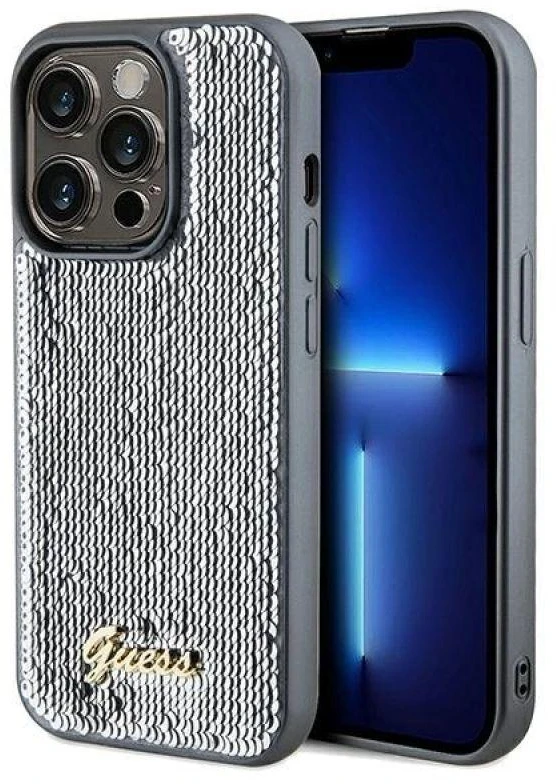 Guess GUHCP14XPSFDGSS Apple iPhone 14 Pro Max 6.7″ sidabrinis kietas dėklas Sequin Script Metal