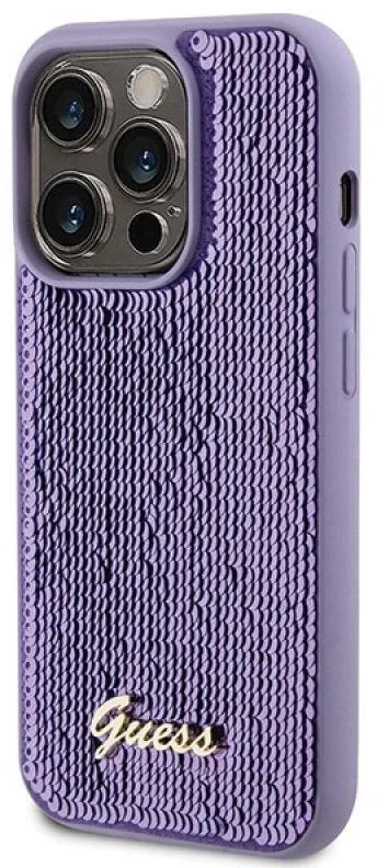 Guess Sequin Script Metalinis dėklas, skirtas iPhone 15 Pro Max - violetinės spalvos