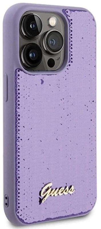 Guess Sequin Script Metalinis dėklas, skirtas iPhone 15 Pro Max - violetinės spalvos
