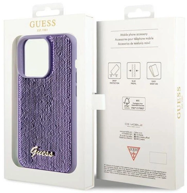 Guess Sequin Script Metalinis dėklas, skirtas iPhone 15 Pro Max - violetinės spalvos
