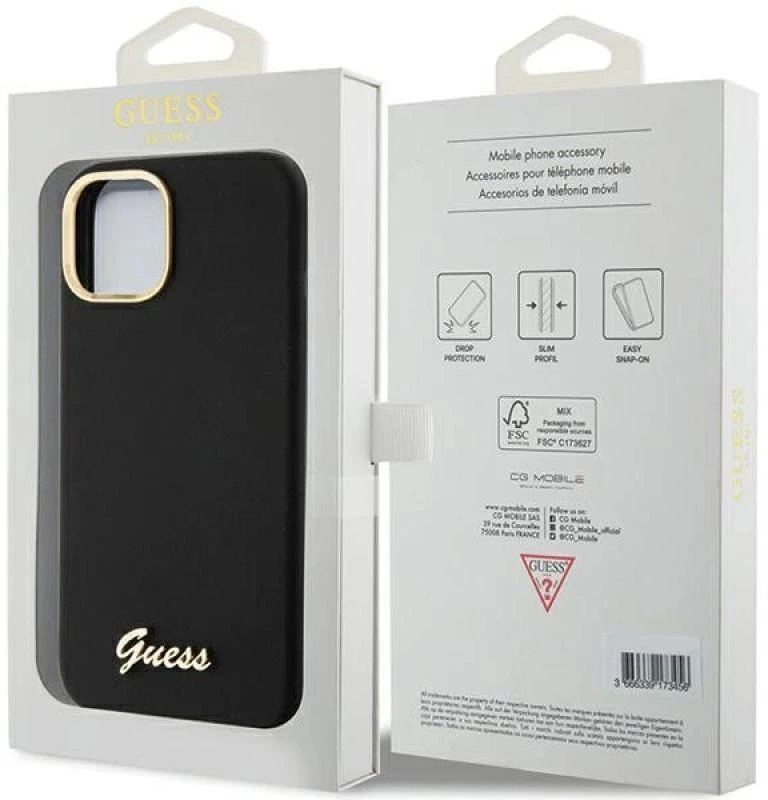 Dėklas GUESS GUHCP15SSMBSLK IPHONE 15/14/13 6.1 "Juodas / Juodas HARDCASE SILICONE SCRIPT METAL LOGO & FRAME