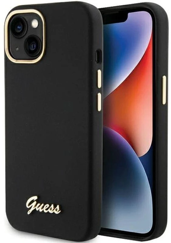 Dėklas GUESS GUHCP15SSMBSLK IPHONE 15/14/13 6.1 "Juodas / Juodas HARDCASE SILICONE SCRIPT METAL LOGO & FRAME