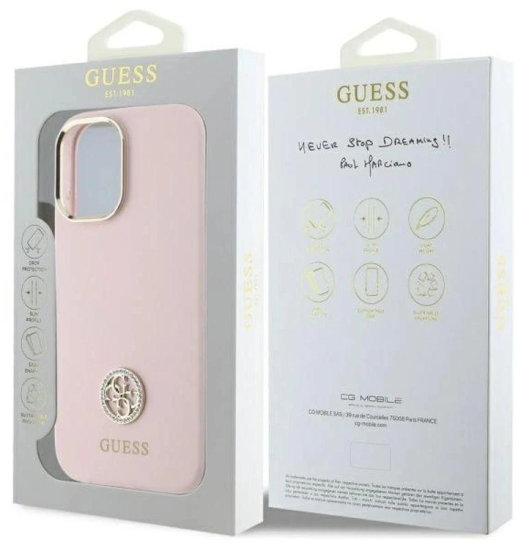 Guess GUHCP16SM4DGPP Apple iPhone 16 6.1″ rožinės spalvos kietas dėklas Silicone Logo Strass 4G