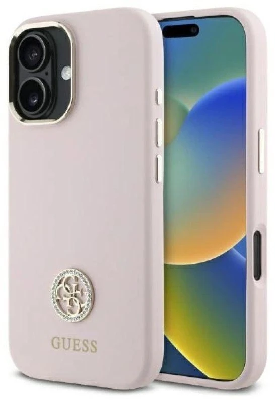 Guess GUHCP16SM4DGPP Apple iPhone 16 6.1″ rožinės spalvos kietas dėklas Silicone Logo Strass 4G