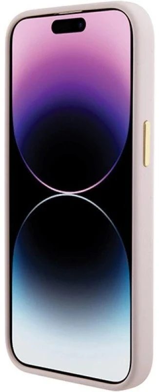 Guess GUHCP15SSMBSLP Apple iPhone 15 / 14 / 13 6.1″ rožinės spalvos kietas dėklas Silicone Script Metal Logo & Frame