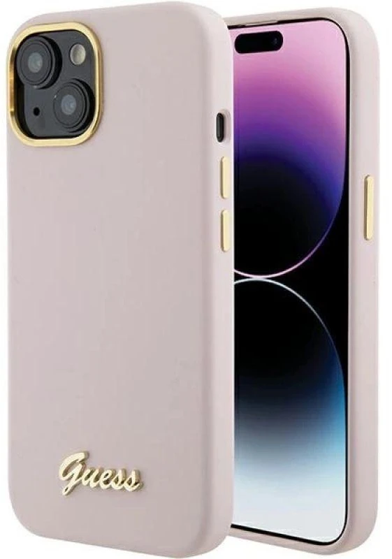 Guess GUHCP15SSMBSLP Apple iPhone 15 / 14 / 13 6.1″ rožinės spalvos kietas dėklas Silicone Script Metal Logo & Frame