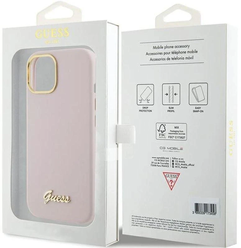 Guess GUHCP15SSMBSLP Apple iPhone 15 / 14 / 13 6.1″ rožinės spalvos kietas dėklas Silicone Script Metal Logo & Frame