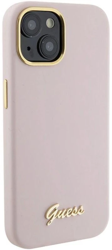 Guess GUHCP15SSMBSLP Apple iPhone 15 / 14 / 13 6.1″ rožinės spalvos kietas dėklas Silicone Script Metal Logo & Frame