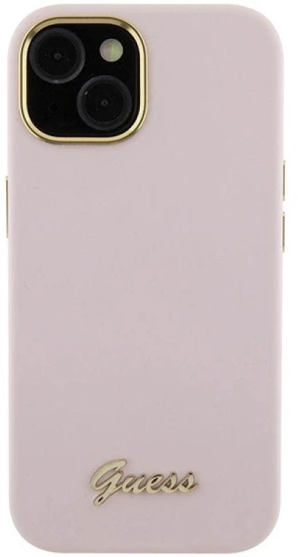 Guess GUHCP15SSMBSLP Apple iPhone 15 / 14 / 13 6.1″ rožinės spalvos kietas dėklas Silicone Script Metal Logo & Frame