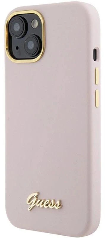 Guess GUHCP15SSMBSLP Apple iPhone 15 / 14 / 13 6.1″ rožinės spalvos kietas dėklas Silicone Script Metal Logo & Frame