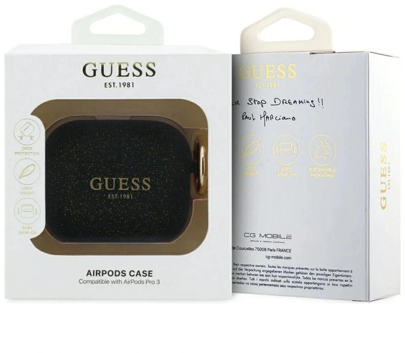 Guess Silikoninis dėklas su blizgučių žiedu, skirtas AirPods Pro 3 - Juodas