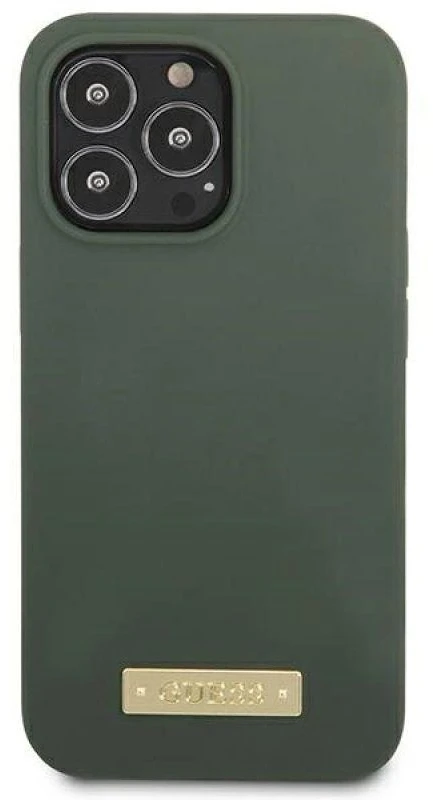 Guess GUHMP13LSPLA Apple iPhone 13 Pro / 13 6,1″ khaki kietas dėklas Silicone Logo Plate MagSafe