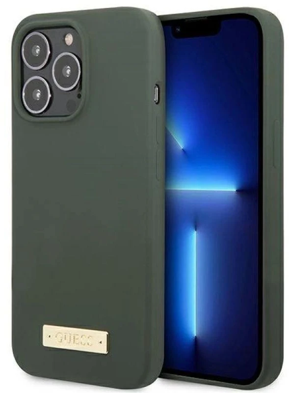 Guess GUHMP13LSPLA Apple iPhone 13 Pro / 13 6,1″ khaki kietas dėklas Silicone Logo Plate MagSafe