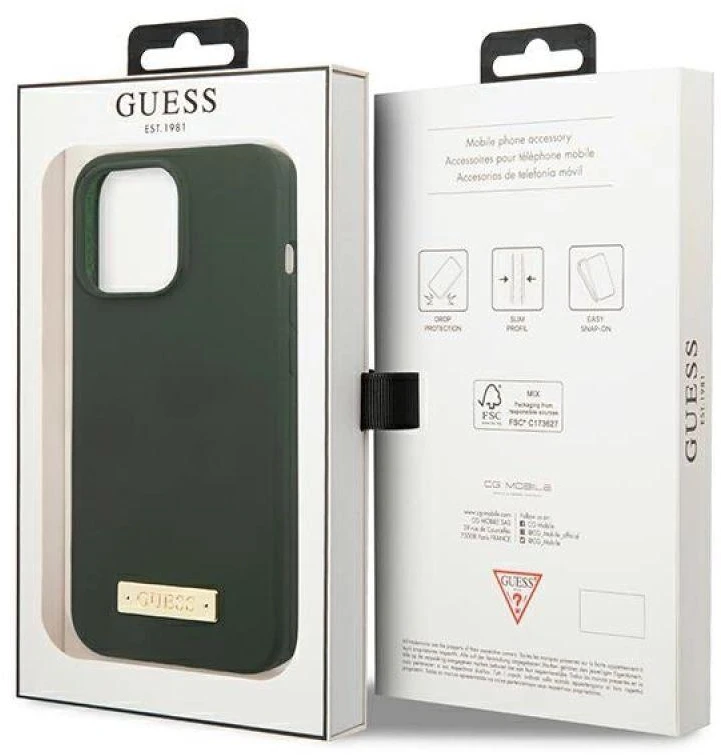 Guess GUHMP13LSPLA Apple iPhone 13 Pro / 13 6,1″ khaki kietas dėklas Silicone Logo Plate MagSafe