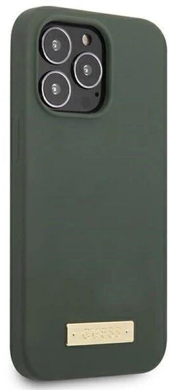 Guess GUHMP13LSPLA Apple iPhone 13 Pro / 13 6,1″ khaki kietas dėklas Silicone Logo Plate MagSafe