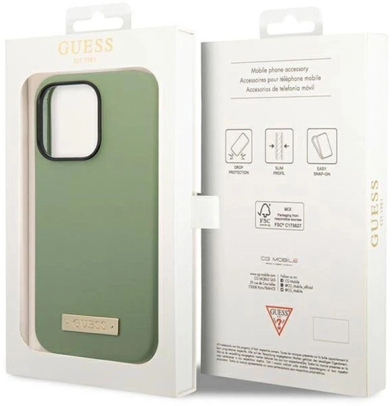 Guess dėklas, skirtas iPhone 14 Pro Max 6,7 GUHMP14XSBPLA khaki spalvos hard dėklas, skirtas Liquid Silicone Logo Plate MagSafe