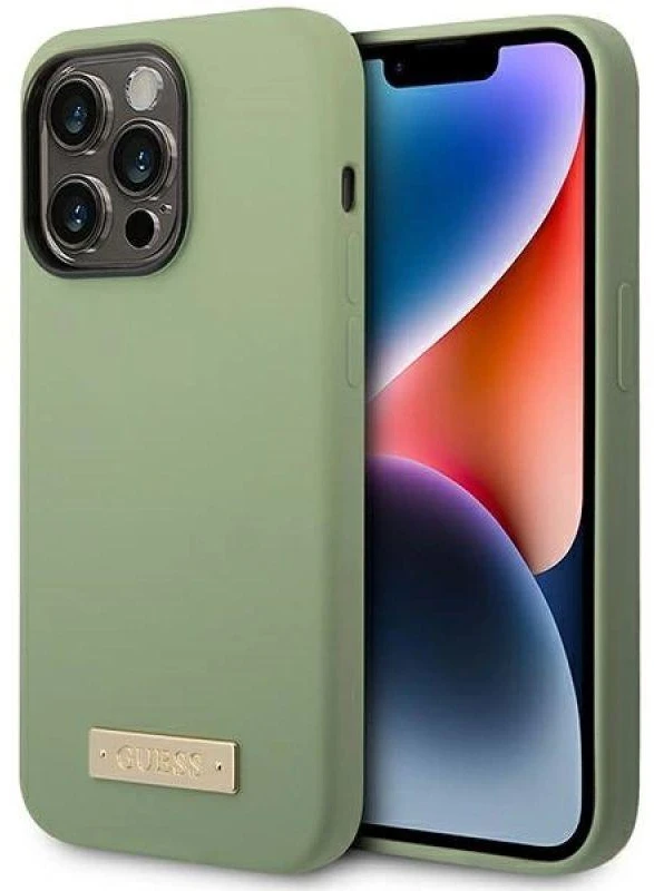 Guess dėklas, skirtas iPhone 14 Pro Max 6,7 GUHMP14XSBPLA khaki spalvos hard dėklas, skirtas Liquid Silicone Logo Plate MagSafe