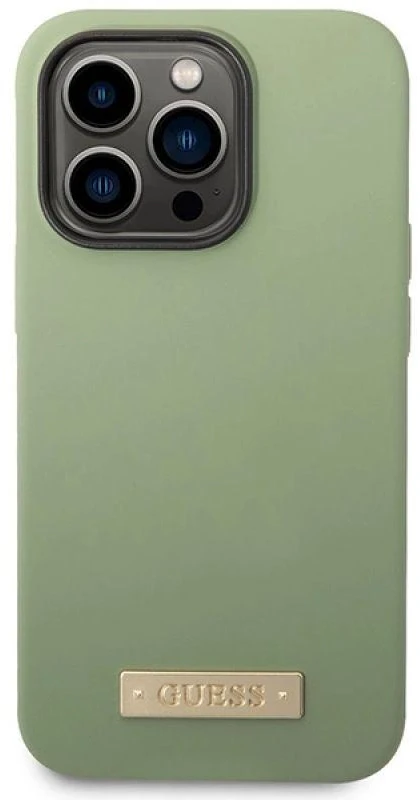 Guess dėklas, skirtas iPhone 14 Pro Max 6,7 GUHMP14XSBPLA khaki spalvos hard dėklas, skirtas Liquid Silicone Logo Plate MagSafe