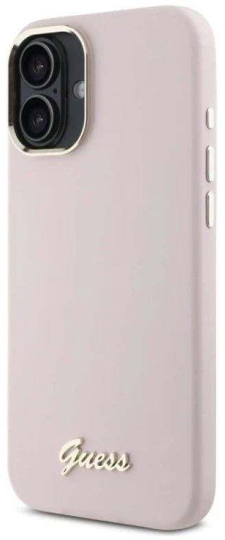 Guess GUHCP16MSMBSLP Apple iPhone 16 Plus 6.7″ rožinės spalvos kietas dėklas Silicone Script Metal Logo & Frame
