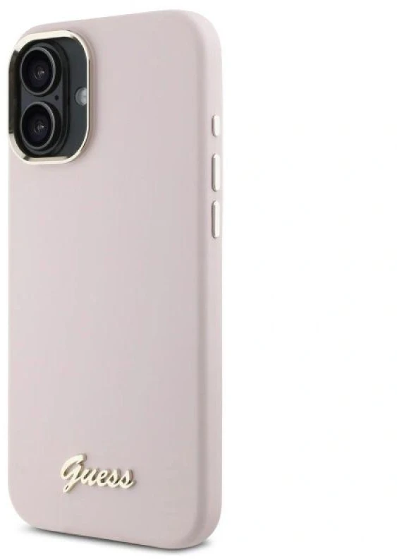 Guess GUHCP16MSMBSLP iPhone 16 Plus 6.7″ rožinės spalvos kietas dėklas Silicone Script Metal Logo & Frame