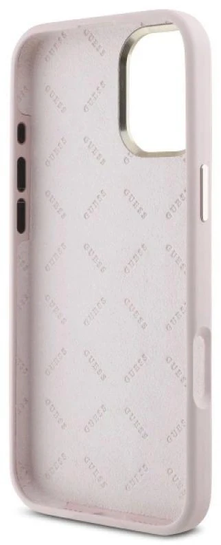Guess GUHCP16MSMBSLP Apple iPhone 16 Plus 6.7″ rožinės spalvos kietas dėklas Silicone Script Metal Logo & Frame