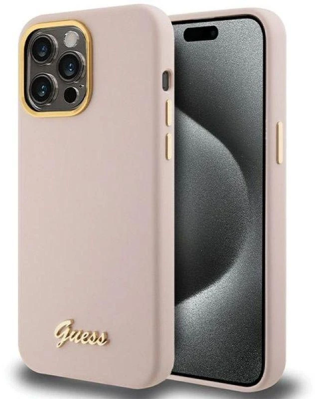 Dėklas GUESS GUHCP15XSMBSLP IPHONE 15 PRO MAX 6.7 "Rožinis/Rožinis HARDCASE SILICONE SCRIPT METAL LOGO & FLAME