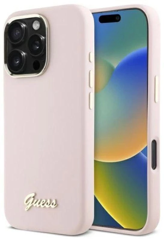 Guess GUHCP16XSMBSLP Apple iPhone 16 Pro Max 6.9″ rožinės spalvos kietas dėklas Silicone Script Metal Logo & Frame