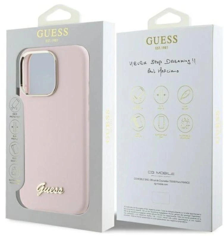 Guess GUHCP16XSMBSLP Apple iPhone 16 Pro Max 6.9″ rožinės spalvos kietas dėklas Silicone Script Metal Logo & Frame