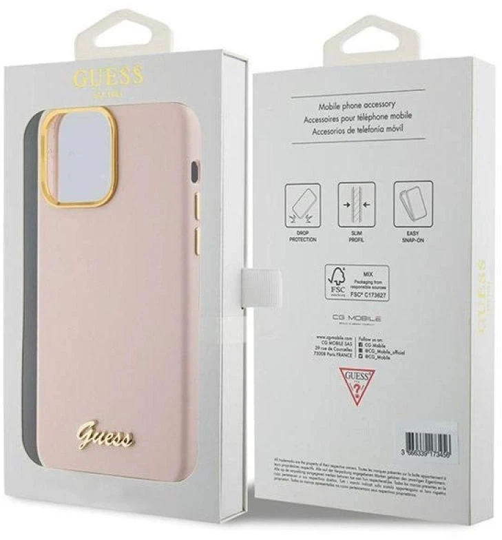 Dėklas GUESS GUHCP15XSMBSLP IPHONE 15 PRO MAX 6.7 "Rožinis/Rožinis HARDCASE SILICONE SCRIPT METAL LOGO & FLAME