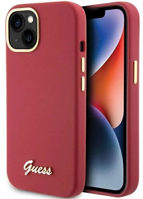 Guess GUHCP15SSMBSLM Apple iPhone 15 / 14 / 13 6.1″ magenta kietas dėklas Silicone Script Metal Logo & Frame