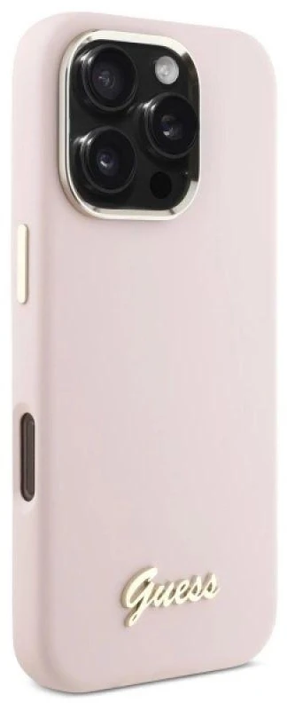 Guess GUHCP16LSMBSLP Apple iPhone 16 Pro 6.3″ rožinės spalvos kietas dėklas Silicone Script Metal Logo & Frame