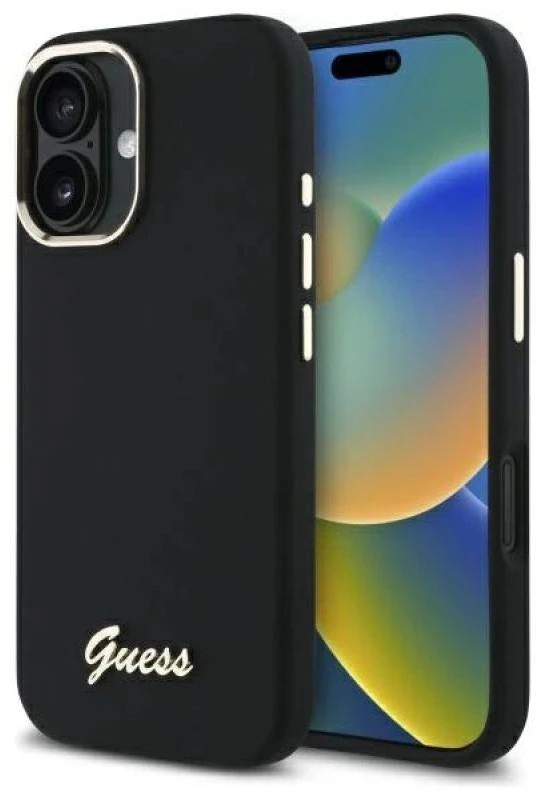 Guess GUHCP16MSMBSLK Apple iPhone 16 Plus 6.7″ juodos spalvos kietas dėklas Silicone Script Metal Logo & Frame