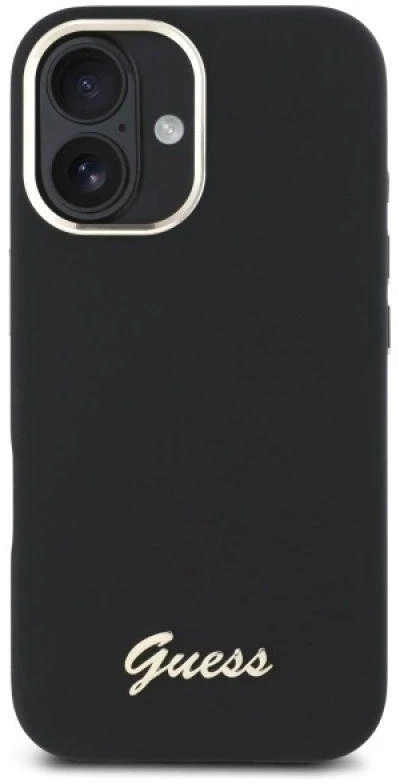 Guess GUHCP16MSMBSLK Apple iPhone 16 Plus 6.7″ juodos spalvos kietas dėklas Silicone Script Metal Logo & Frame