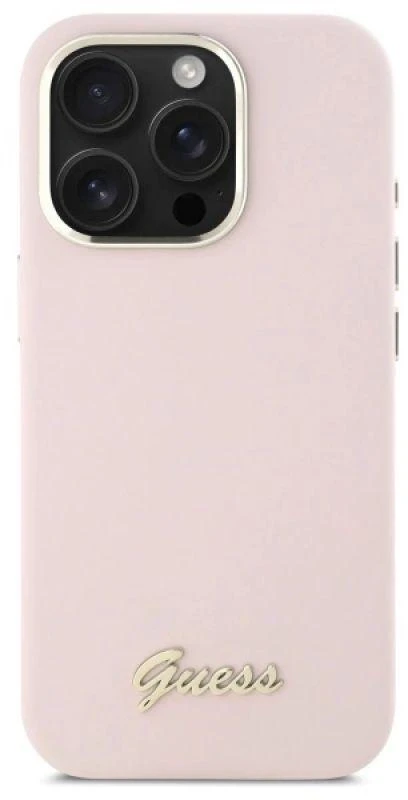 Guess GUHCP16LSMBSLP Apple iPhone 16 Pro 6.3″ rožinės spalvos kietas dėklas Silicone Script Metal Logo & Frame