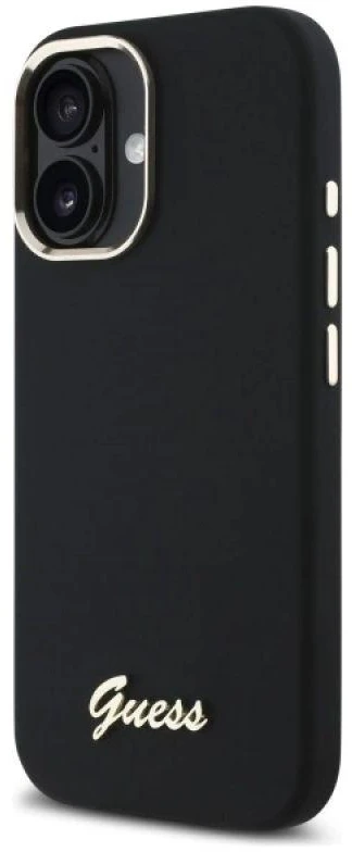 Guess GUHCP16MSMBSLK Apple iPhone 16 Plus 6.7″ juodos spalvos kietas dėklas Silicone Script Metal Logo & Frame