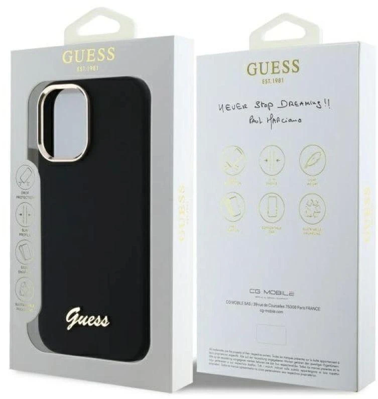 Guess GUHCP16MSMBSLK Apple iPhone 16 Plus 6.7″ juodos spalvos kietas dėklas Silicone Script Metal Logo & Frame