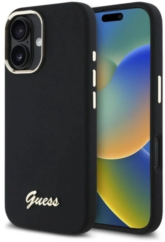Guess GUHCP16SSMBSLK Apple iPhone 16 6.1″ juodos spalvos kietas dėklas Silicone Script Metal Logo & Frame